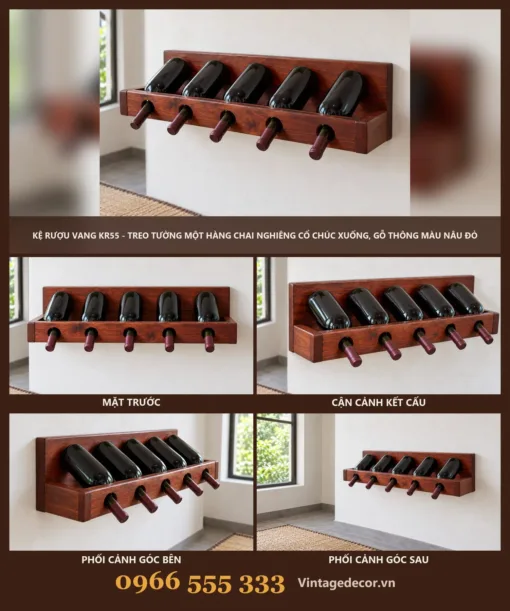 Kệ Rượu Vang KR55 - Treo Tường Một Hàng Chai Nghiêng Cổ Chúc Xuống, Gỗ Thông Màu Nâu Đỏ Kệ Rượu Vang KR55 - Treo Tường Một Hàng Chai Nghiêng Cổ Chúc Xuống, Gỗ Thông Màu Nâu Đỏ