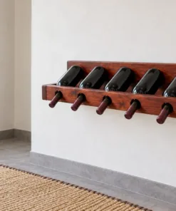 Kệ Rượu Vang KR55 - Treo Tường Một Hàng Chai Nghiêng Cổ Chúc Xuống, Gỗ Thông Màu Nâu Đỏ