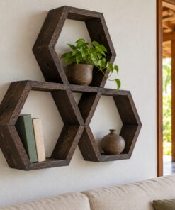 Kệ Treo Tường Gỗ Thông NT24 - Ba Ô Lục Giác Tổ Ong, Gỗ Thông Màu Gỗ Cháy