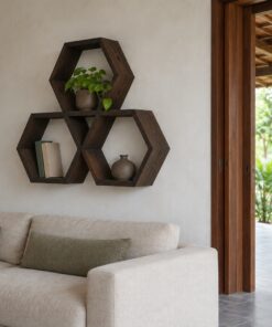 Kệ Treo Tường Gỗ Thông NT24 - Ba Ô Lục Giác Tổ Ong, Gỗ Thông Màu Gỗ Cháy