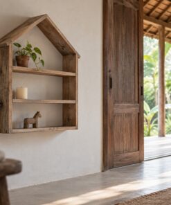 Kệ Treo Tường Gỗ Thông NT31 - Khung Hình Ngôi Nhà Có Đợt Ngang, Gỗ Thông Màu Vintage