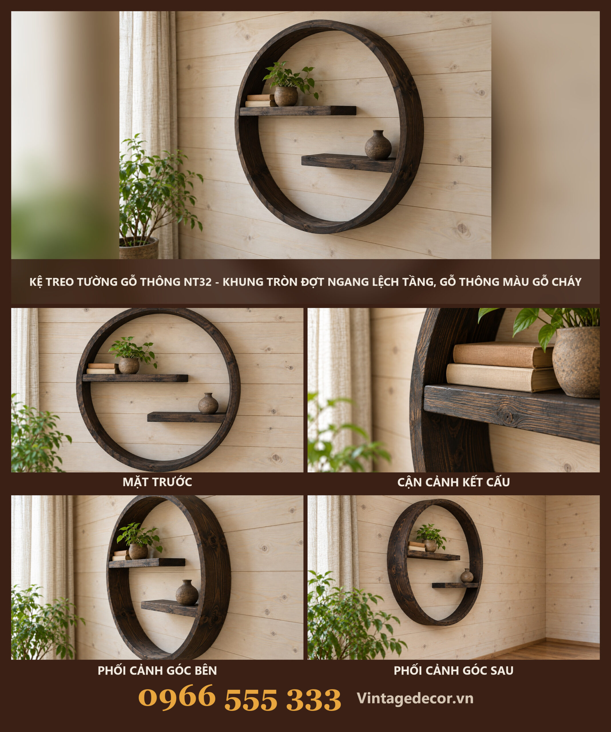 Kệ Treo Tường Gỗ Thông NT32 - Khung Tròn Đợt Ngang Lệch Tầng, Gỗ Thông Màu Gỗ Cháy Kệ Treo Tường Gỗ Thông NT32 - Khung Tròn Đợt Ngang Lệch Tầng, Gỗ Thông Màu Gỗ Cháy