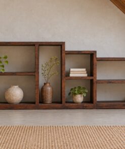 Kệ Trưng Bày Gỗ Thông NT30 - Ô Hộp So Le Thấp Rộng Sát Tường, Gỗ Thông Màu Nâu Cánh Gián