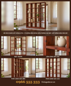 Kệ Vách Ngăn Gỗ Thông NT33 - Ô Vuông Đều Đứng Giữa Phòng Hai Mặt, Gỗ Thông Màu Nâu Đỏ