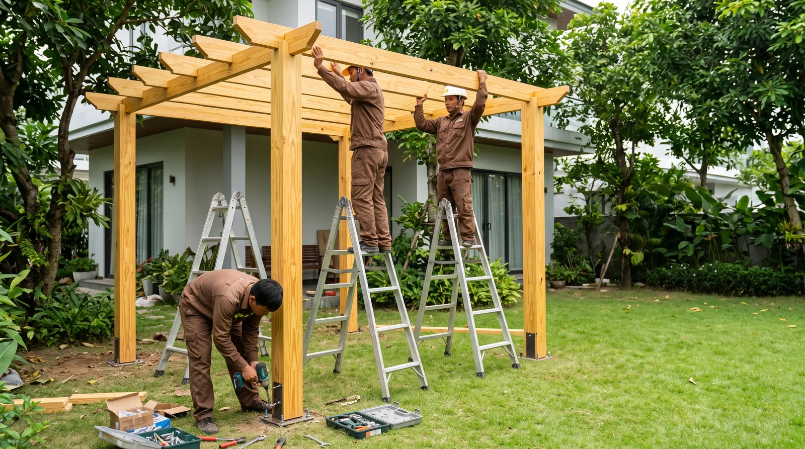 Ba thợ dựng giàn pergola gỗ thông trên bãi cỏ, hai người đứng thang lắp xà, một người khoan chân cột