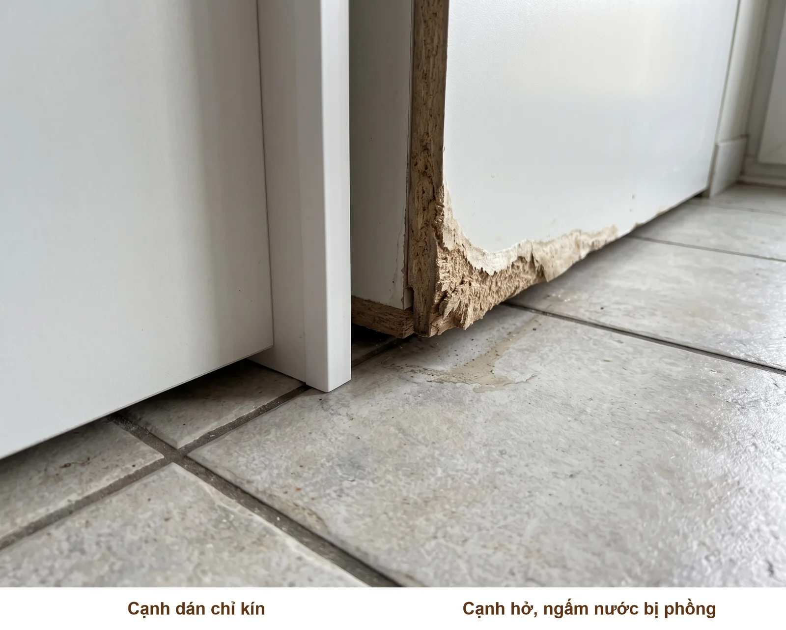 Cạnh tủ MDF dán chỉ kín so với cạnh hở bị phồng nước