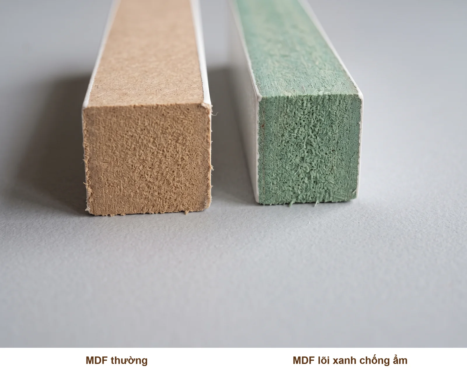 Mặt cắt MDF thường và MDF lõi xanh chống ẩm