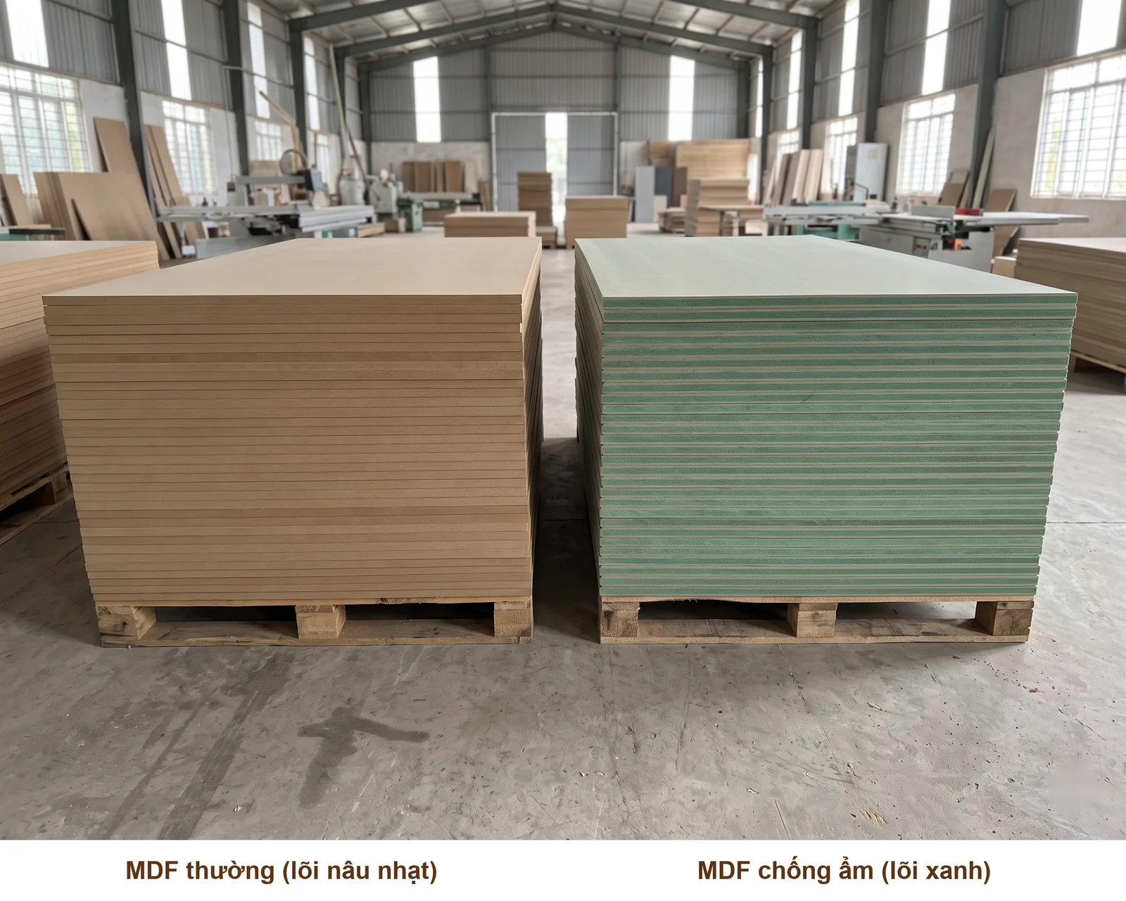 Chồng ván MDF thường và MDF chống ẩm lõi xanh trong xưởng