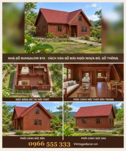 Nhà gỗ bungalow B10 vách ván mái ngói nhựa – ảnh ghép mặt trước, mặt bằng, nội thất, góc bên, góc sau