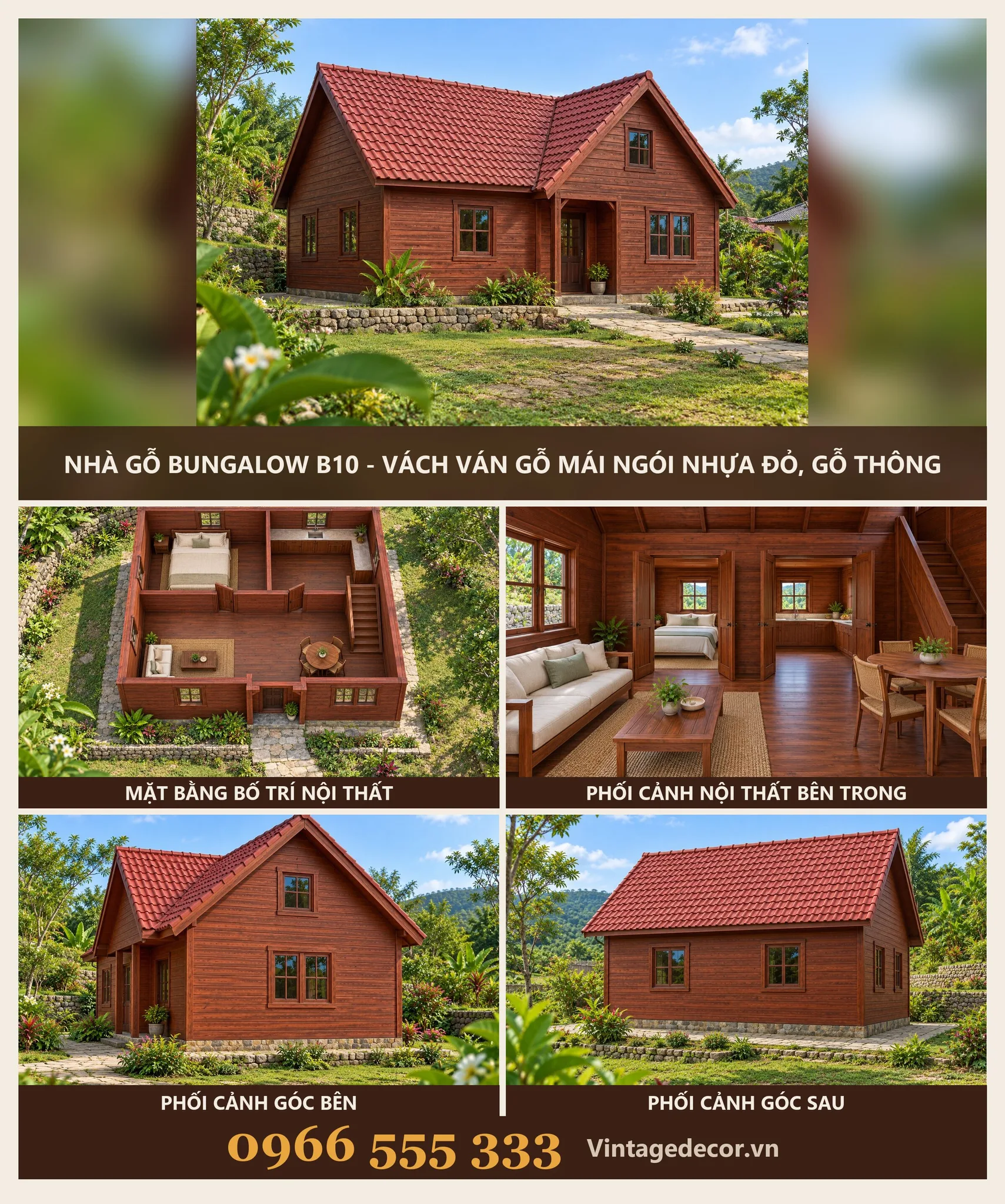 Nhà Gỗ Bungalow B10 Vách Ván Mái Ngói Nhựa