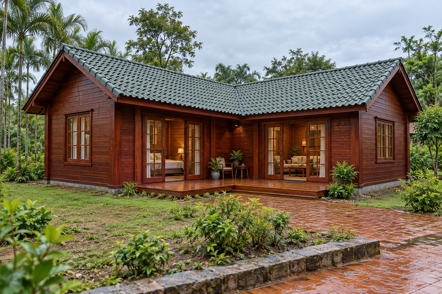 Nhà Gỗ Bungalow B24 - Mặt Bằng Chữ L Sân Gỗ Góc Trong, Gỗ Thông Nhà Gỗ Bungalow B24 - Mặt Bằng Chữ L Sân Gỗ Góc Trong, Gỗ Thông