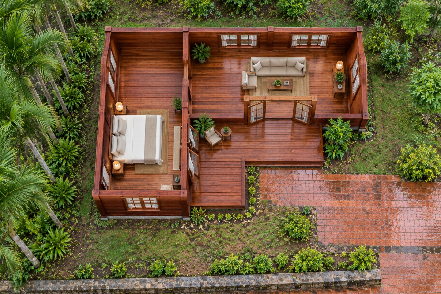 Nhà Gỗ Bungalow B24 - Mặt Bằng Chữ L Sân Gỗ Góc Trong, Gỗ Thông Nhà Gỗ Bungalow B24 - Mặt Bằng Chữ L Sân Gỗ Góc Trong, Gỗ Thông