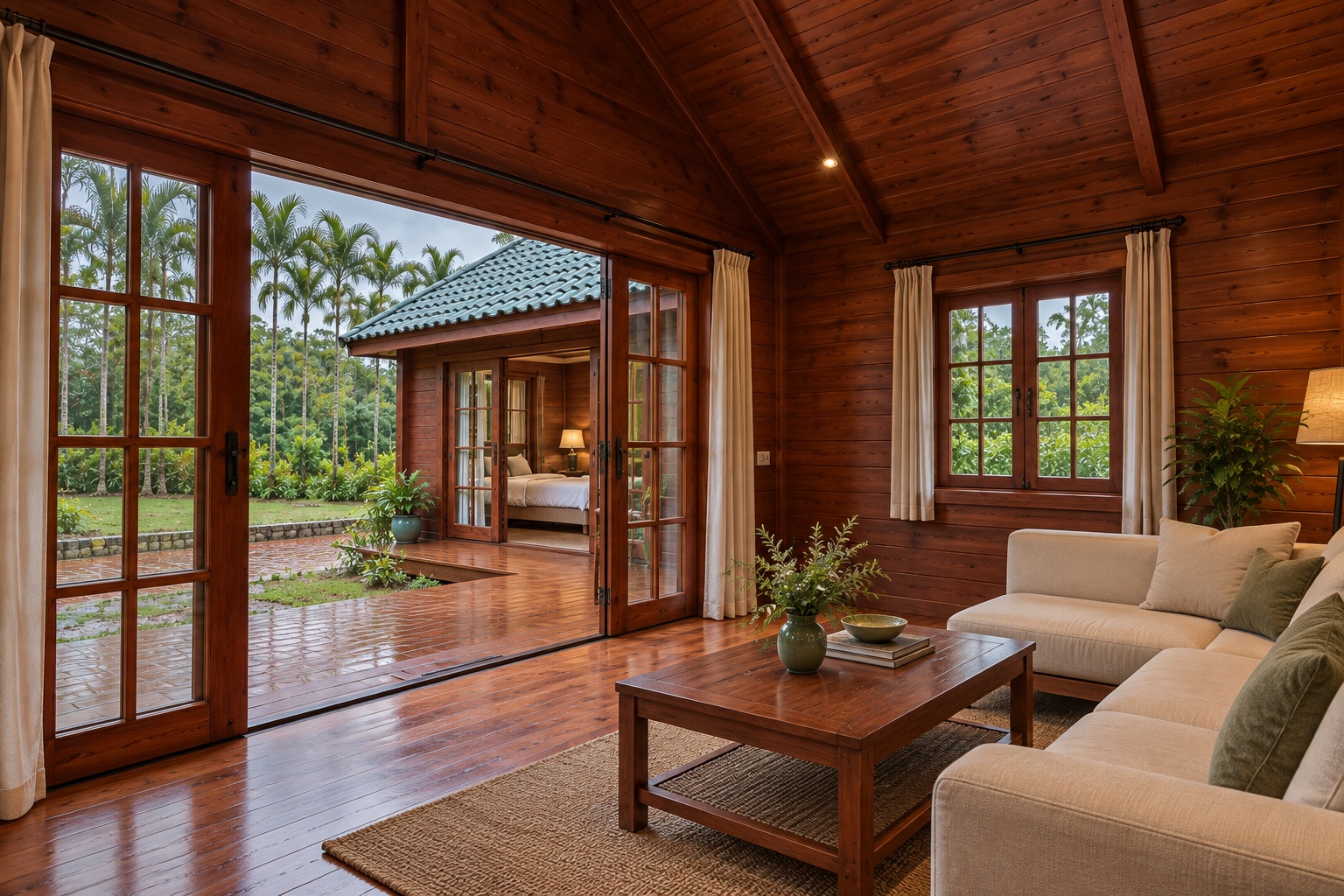 Nhà Gỗ Bungalow B24 - Mặt Bằng Chữ L Sân Gỗ Góc Trong, Gỗ Thông Nhà Gỗ Bungalow B24 - Mặt Bằng Chữ L Sân Gỗ Góc Trong, Gỗ Thông