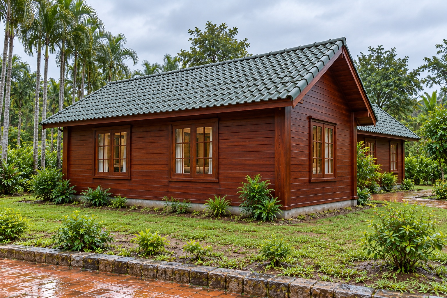 Nhà Gỗ Bungalow B24 - Mặt Bằng Chữ L Sân Gỗ Góc Trong, Gỗ Thông Nhà Gỗ Bungalow B24 - Mặt Bằng Chữ L Sân Gỗ Góc Trong, Gỗ Thông