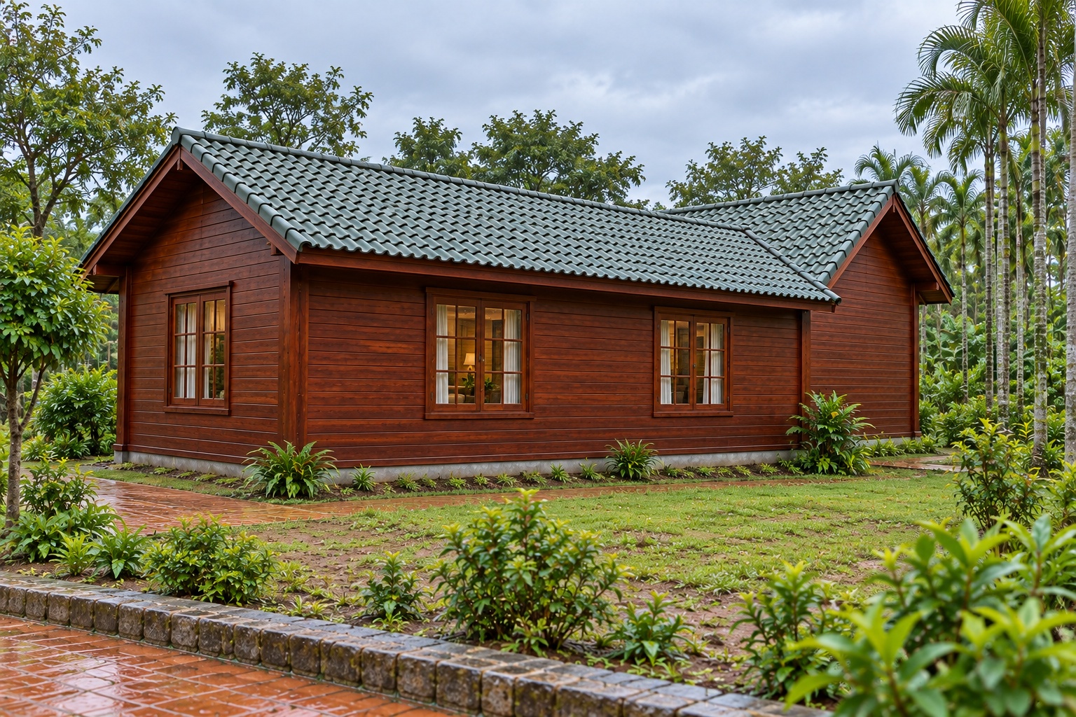 Nhà Gỗ Bungalow B24 - Mặt Bằng Chữ L Sân Gỗ Góc Trong, Gỗ Thông Nhà Gỗ Bungalow B24 - Mặt Bằng Chữ L Sân Gỗ Góc Trong, Gỗ Thông