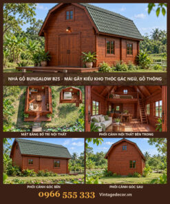Nhà Gỗ Bungalow B25 - Mái Gãy Kiểu Kho Thóc Gác Ngủ, Gỗ Thông
