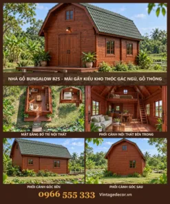 Nhà gỗ bungalow B25 mái gãy kiểu kho thóc – ảnh ghép mặt bằng, nội thất, góc bên, góc sau