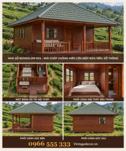 Nhà Gỗ Bungalow B26 - Mái Chóp Vuông Hiên Lớn Một Nửa Nền, Gỗ Thông