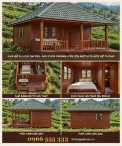 Nhà gỗ bungalow B26 mái chóp vuông hiên lớn – ảnh ghép mặt trước, mặt bằng, nội thất, góc bên, góc sau