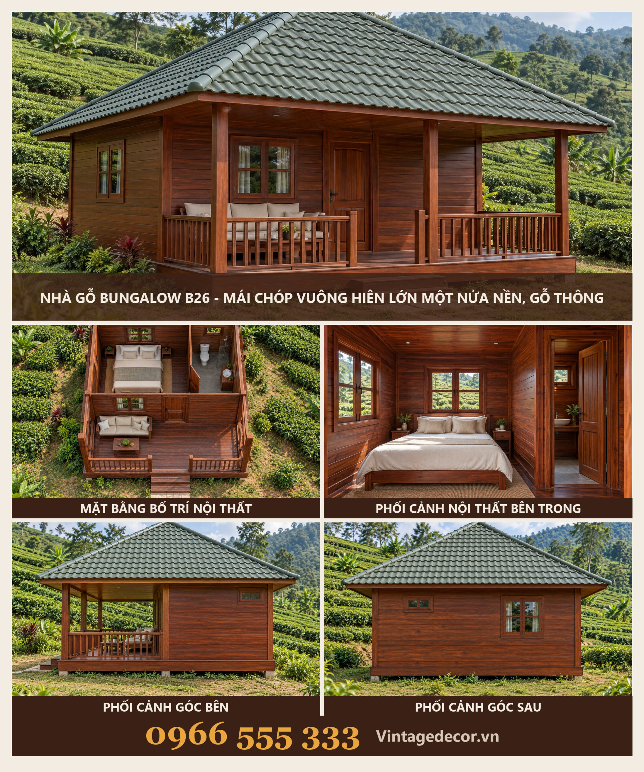 Nhà Gỗ Bungalow B26 - Mái Chóp Vuông Hiên Lớn Một Nửa Nền, Gỗ Thông Nhà Gỗ Bungalow B26 - Mái Chóp Vuông Hiên Lớn Một Nửa Nền, Gỗ Thông