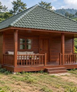 Nhà Gỗ Bungalow B26 - Mái Chóp Vuông Hiên Lớn Một Nửa Nền, Gỗ Thông