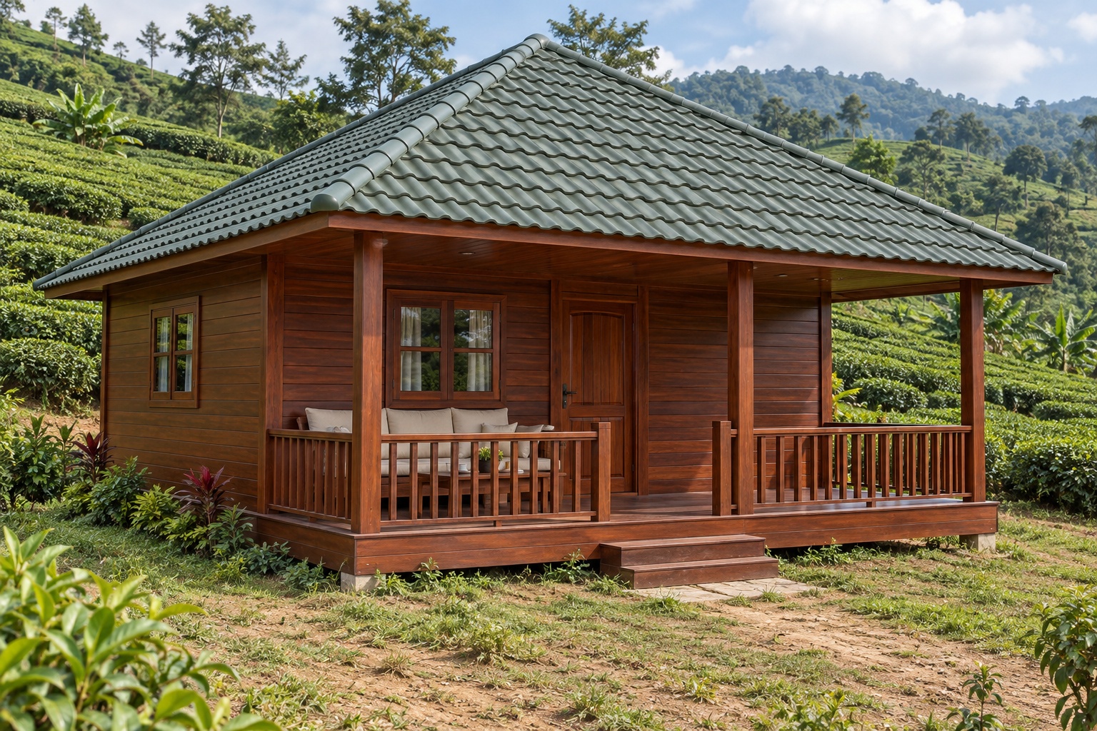 Nhà Gỗ Bungalow B26 - Mái Chóp Vuông Hiên Lớn Một Nửa Nền, Gỗ Thông Nhà Gỗ Bungalow B26 - Mái Chóp Vuông Hiên Lớn Một Nửa Nền, Gỗ Thông
