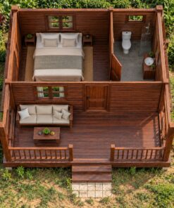 Nhà Gỗ Bungalow B26 - Mái Chóp Vuông Hiên Lớn Một Nửa Nền, Gỗ Thông