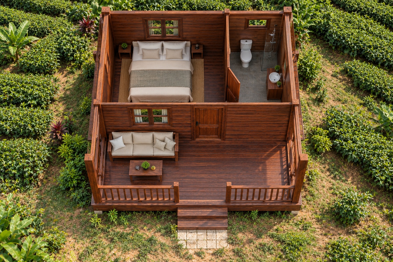 Nhà Gỗ Bungalow B26 - Mái Chóp Vuông Hiên Lớn Một Nửa Nền, Gỗ Thông Nhà Gỗ Bungalow B26 - Mái Chóp Vuông Hiên Lớn Một Nửa Nền, Gỗ Thông