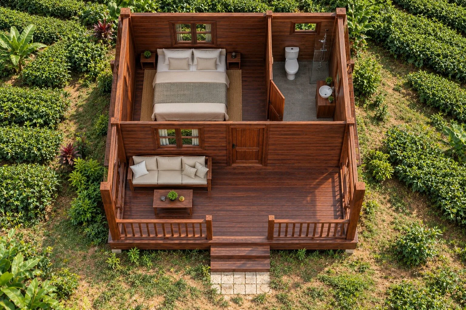 Bungalow B26 nhìn từ trên: hiên có sofa và bàn trà ở nửa trước, phòng ngủ giường đôi và khu vệ sinh có bồn cầu, lavabo ở nửa sau
