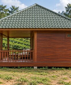 Nhà Gỗ Bungalow B26 - Mái Chóp Vuông Hiên Lớn Một Nửa Nền, Gỗ Thông