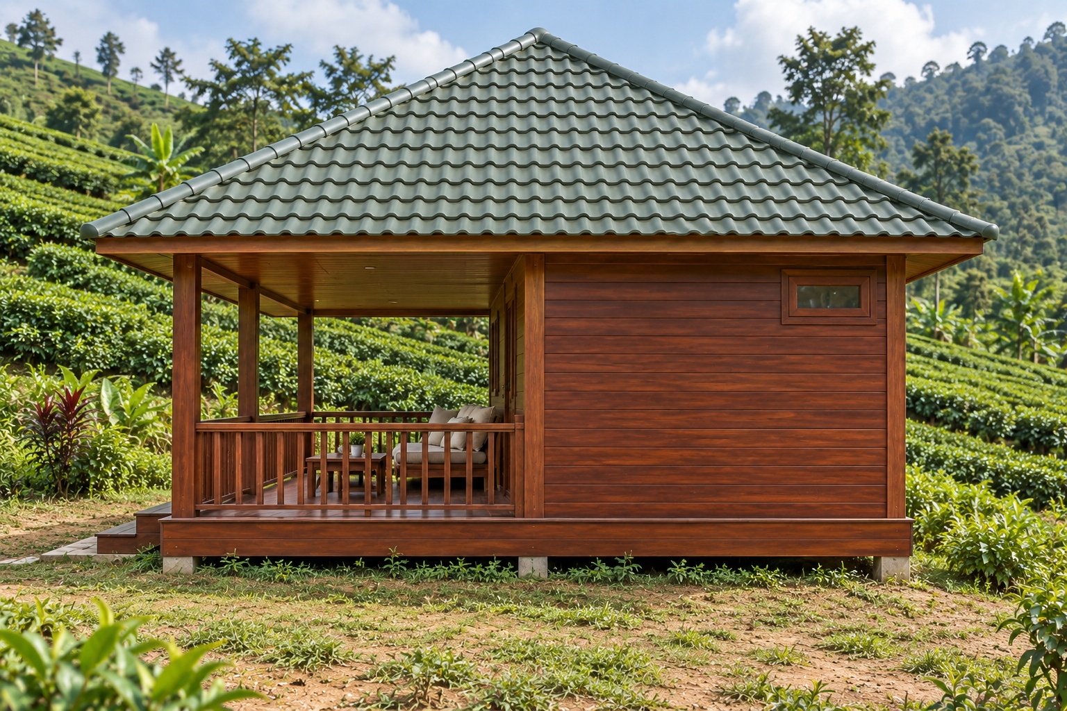 Nhà Gỗ Bungalow B26 - Mái Chóp Vuông Hiên Lớn Một Nửa Nền, Gỗ Thông Nhà Gỗ Bungalow B26 - Mái Chóp Vuông Hiên Lớn Một Nửa Nền, Gỗ Thông