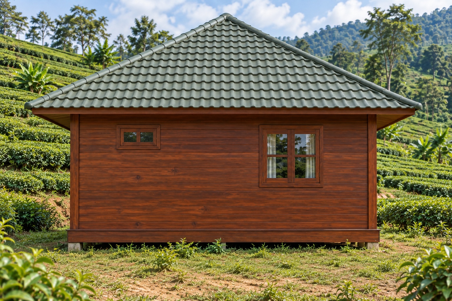 Nhà Gỗ Bungalow B26 - Mái Chóp Vuông Hiên Lớn Một Nửa Nền, Gỗ Thông Nhà Gỗ Bungalow B26 - Mái Chóp Vuông Hiên Lớn Một Nửa Nền, Gỗ Thông