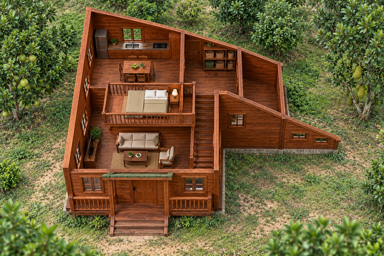 Nhà Gỗ Bungalow B27 - Mái Lệch Kiểu Saltbox Trước Cao Sau Thấp, Gỗ Thông Nhà Gỗ Bungalow B27 - Mái Lệch Kiểu Saltbox Trước Cao Sau Thấp, Gỗ Thông