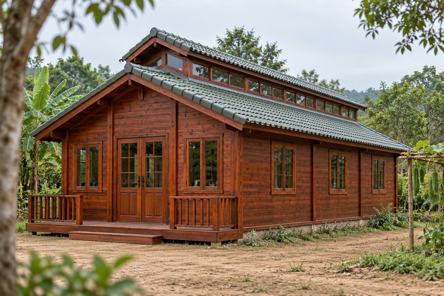 Nhà Gỗ Bungalow B28 - Mái Có Dải Cửa Sổ Thông Gió Dọc Nóc, Gỗ Thông Nhà Gỗ Bungalow B28 - Mái Có Dải Cửa Sổ Thông Gió Dọc Nóc, Gỗ Thông