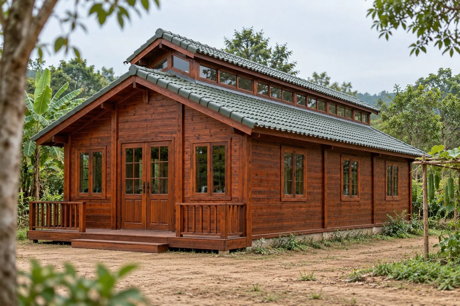 Nhà gỗ bungalow dài và hẹp, trên nóc có mái phụ nhô cao với dải cửa kính chạy dọc, hiên lan can phía trước
