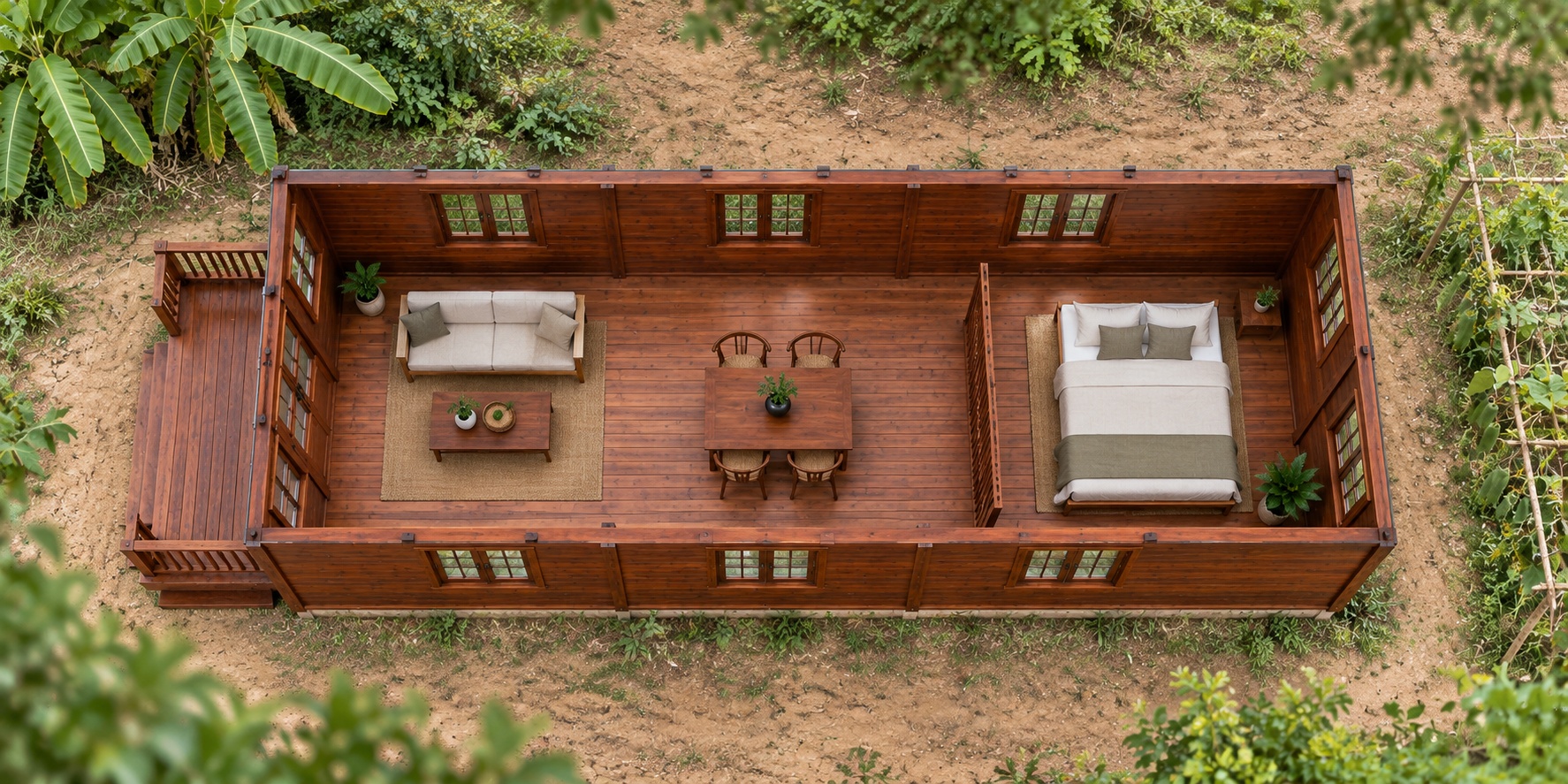 Nhà Gỗ Bungalow B28 - Mái Có Dải Cửa Sổ Thông Gió Dọc Nóc, Gỗ Thông Nhà Gỗ Bungalow B28 - Mái Có Dải Cửa Sổ Thông Gió Dọc Nóc, Gỗ Thông