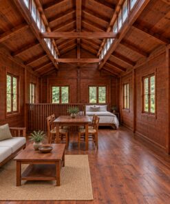 Nhà Gỗ Bungalow B28 - Mái Có Dải Cửa Sổ Thông Gió Dọc Nóc, Gỗ Thông