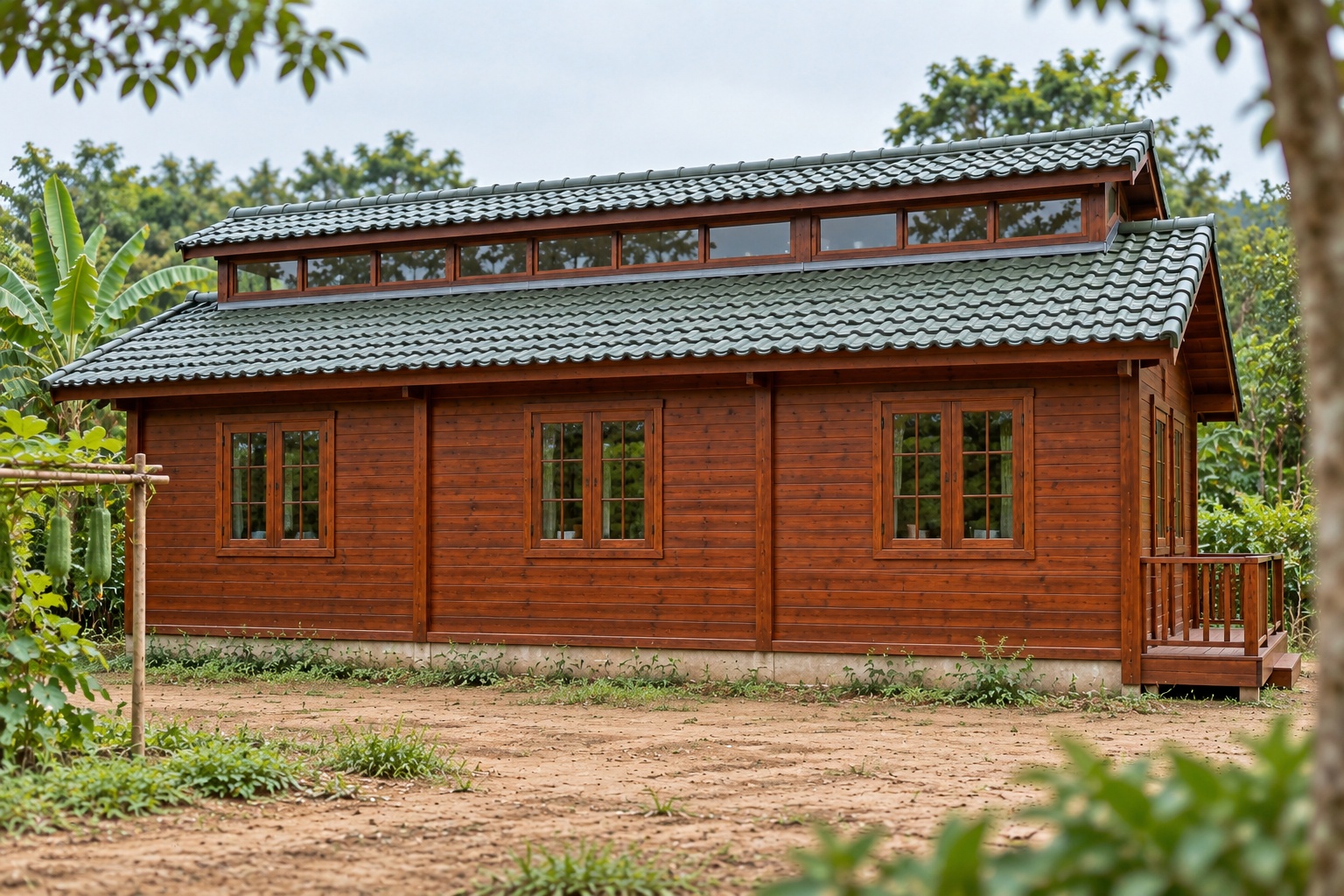 Nhà Gỗ Bungalow B28 - Mái Có Dải Cửa Sổ Thông Gió Dọc Nóc, Gỗ Thông Nhà Gỗ Bungalow B28 - Mái Có Dải Cửa Sổ Thông Gió Dọc Nóc, Gỗ Thông