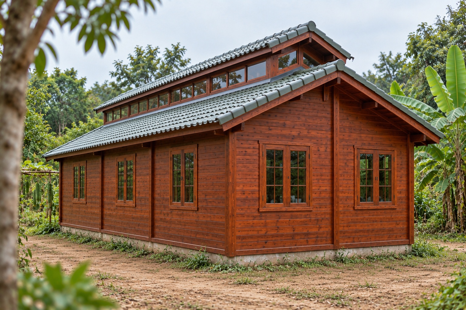 Nhà Gỗ Bungalow B28 - Mái Có Dải Cửa Sổ Thông Gió Dọc Nóc, Gỗ Thông Nhà Gỗ Bungalow B28 - Mái Có Dải Cửa Sổ Thông Gió Dọc Nóc, Gỗ Thông
