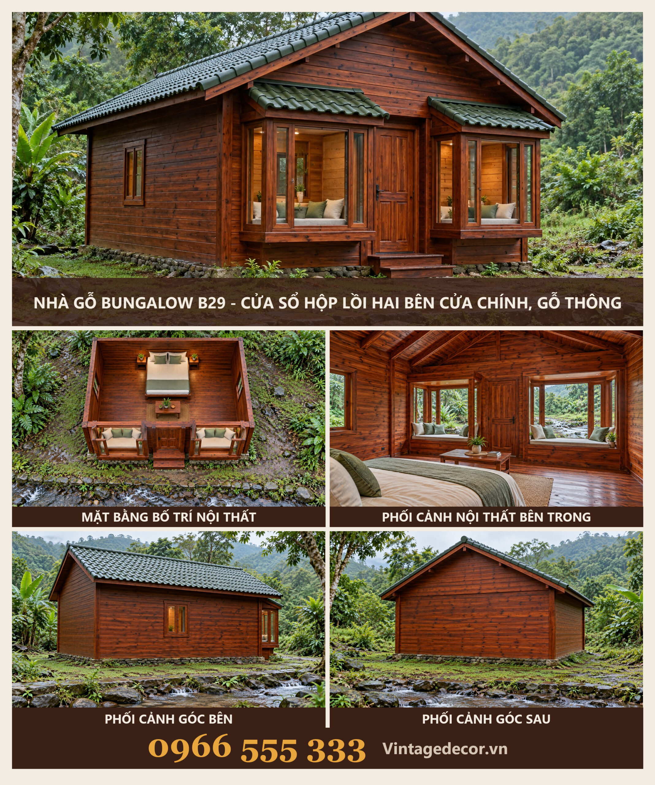 Nhà Gỗ Bungalow B29 - Cửa Sổ Hộp Lồi Hai Bên Cửa Chính, Gỗ Thông Nhà Gỗ Bungalow B29 - Cửa Sổ Hộp Lồi Hai Bên Cửa Chính, Gỗ Thông