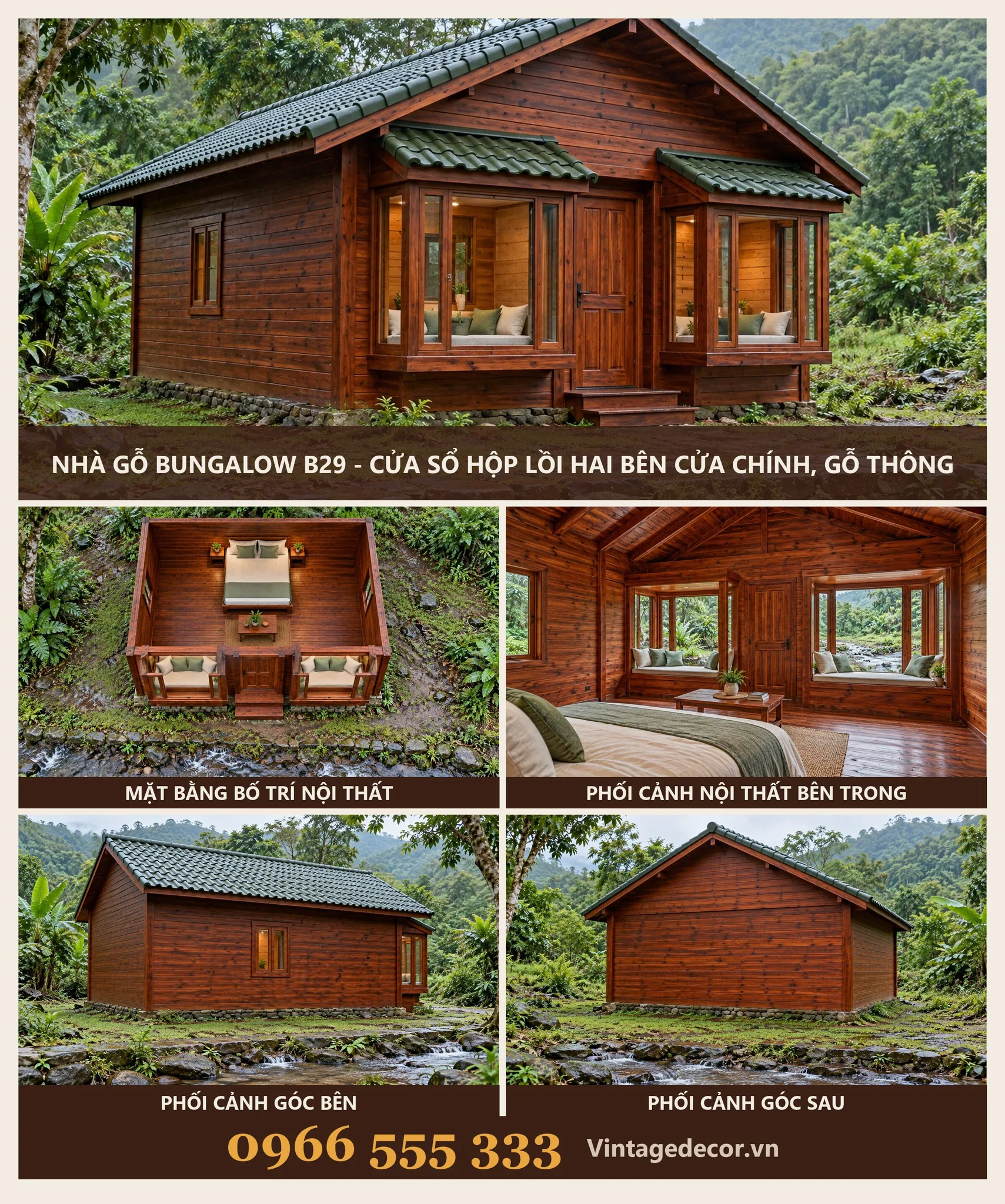 Nhà Gỗ Bungalow B29 - Cửa Sổ Hộp Lồi Hai Bên Cửa Chính, Gỗ Thông