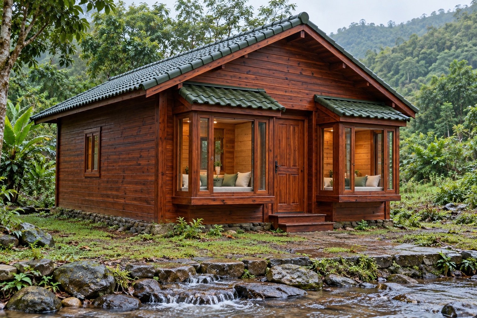 Nhà Gỗ Bungalow B29 - Cửa Sổ Hộp Lồi Hai Bên Cửa Chính, Gỗ Thông Nhà Gỗ Bungalow B29 - Cửa Sổ Hộp Lồi Hai Bên Cửa Chính, Gỗ Thông