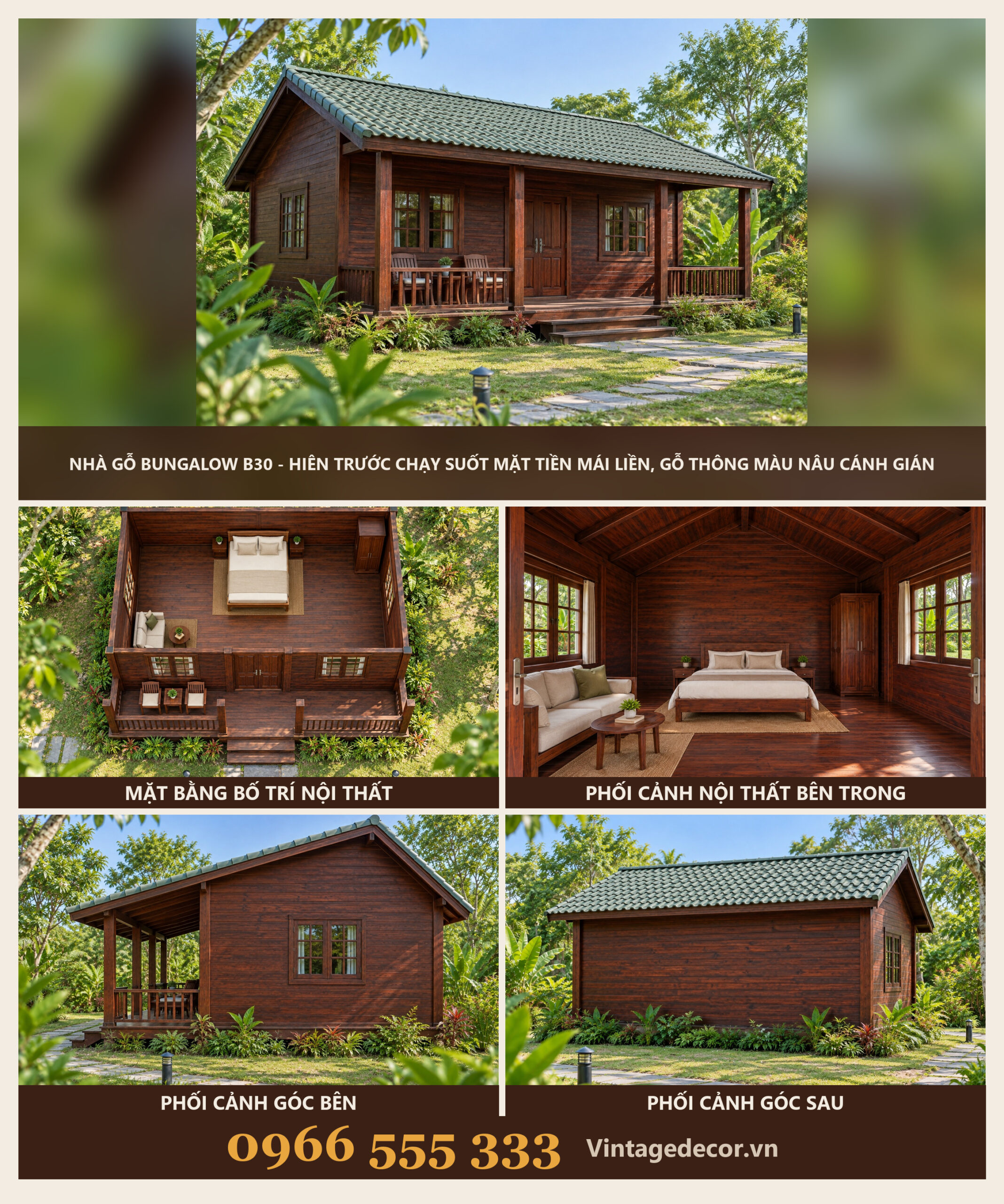 Nhà Gỗ Bungalow B30 - Hiên Trước Chạy Suốt Mặt Tiền Mái Liền, Gỗ Thông Màu Nâu Cánh Gián Nhà Gỗ Bungalow B30 - Hiên Trước Chạy Suốt Mặt Tiền Mái Liền, Gỗ Thông Màu Nâu Cánh Gián