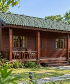 Nhà Gỗ Bungalow B30 - Hiên Trước Chạy Suốt Mặt Tiền Mái Liền, Gỗ Thông Màu Nâu Cánh Gián