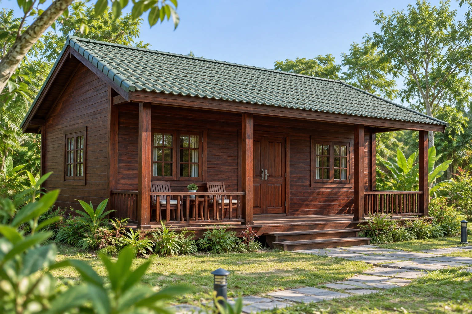 Nhà Gỗ Bungalow B30 - Hiên Trước Chạy Suốt Mặt Tiền Mái Liền, Gỗ Thông Màu Nâu Cánh Gián Nhà Gỗ Bungalow B30 - Hiên Trước Chạy Suốt Mặt Tiền Mái Liền, Gỗ Thông Màu Nâu Cánh Gián