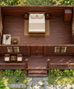 Nhà Gỗ Bungalow B30 - Hiên Trước Chạy Suốt Mặt Tiền Mái Liền, Gỗ Thông Màu Nâu Cánh Gián