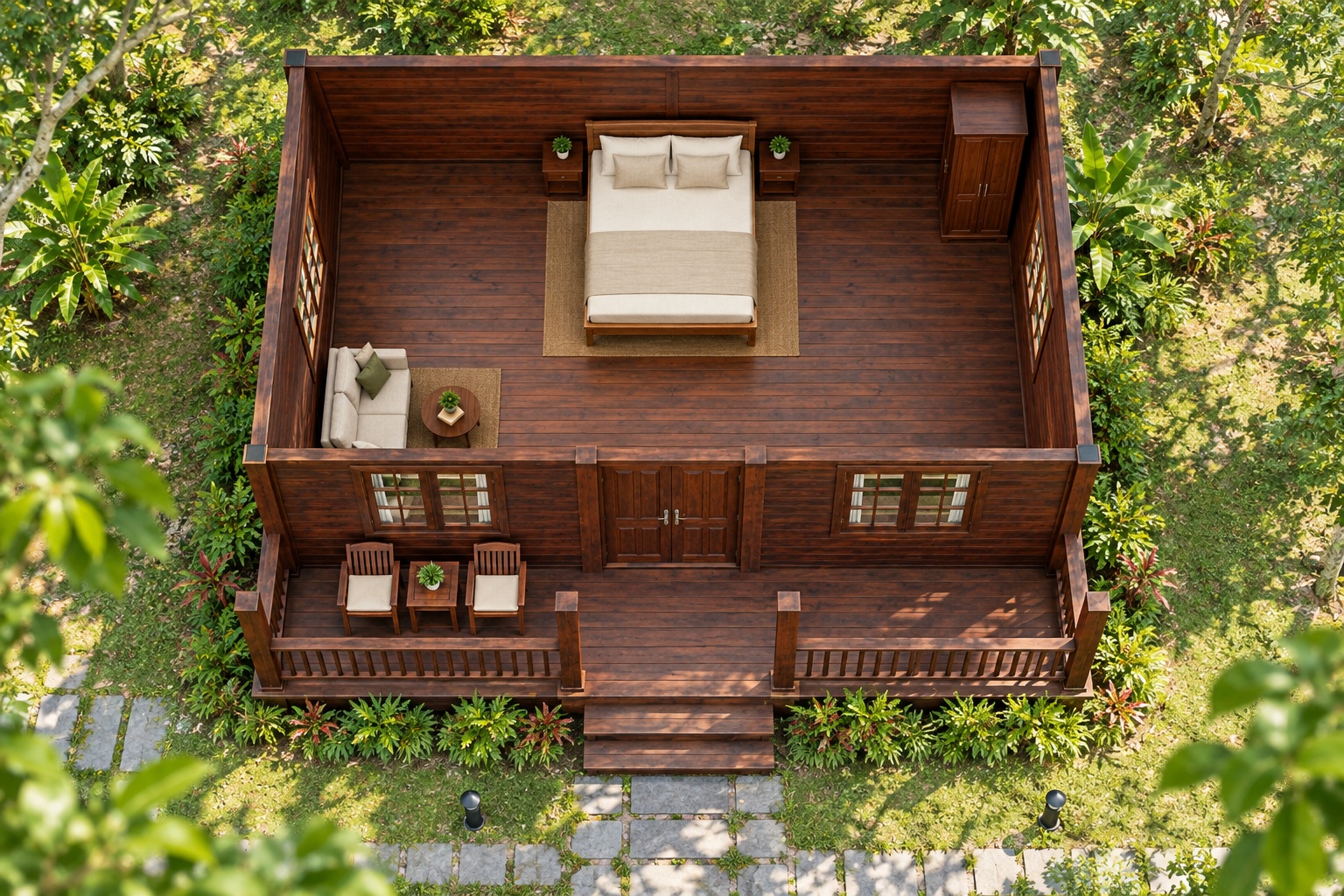 Nhà Gỗ Bungalow B30 - Hiên Trước Chạy Suốt Mặt Tiền Mái Liền, Gỗ Thông Màu Nâu Cánh Gián Nhà Gỗ Bungalow B30 - Hiên Trước Chạy Suốt Mặt Tiền Mái Liền, Gỗ Thông Màu Nâu Cánh Gián