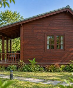 Nhà Gỗ Bungalow B30 - Hiên Trước Chạy Suốt Mặt Tiền Mái Liền, Gỗ Thông Màu Nâu Cánh Gián