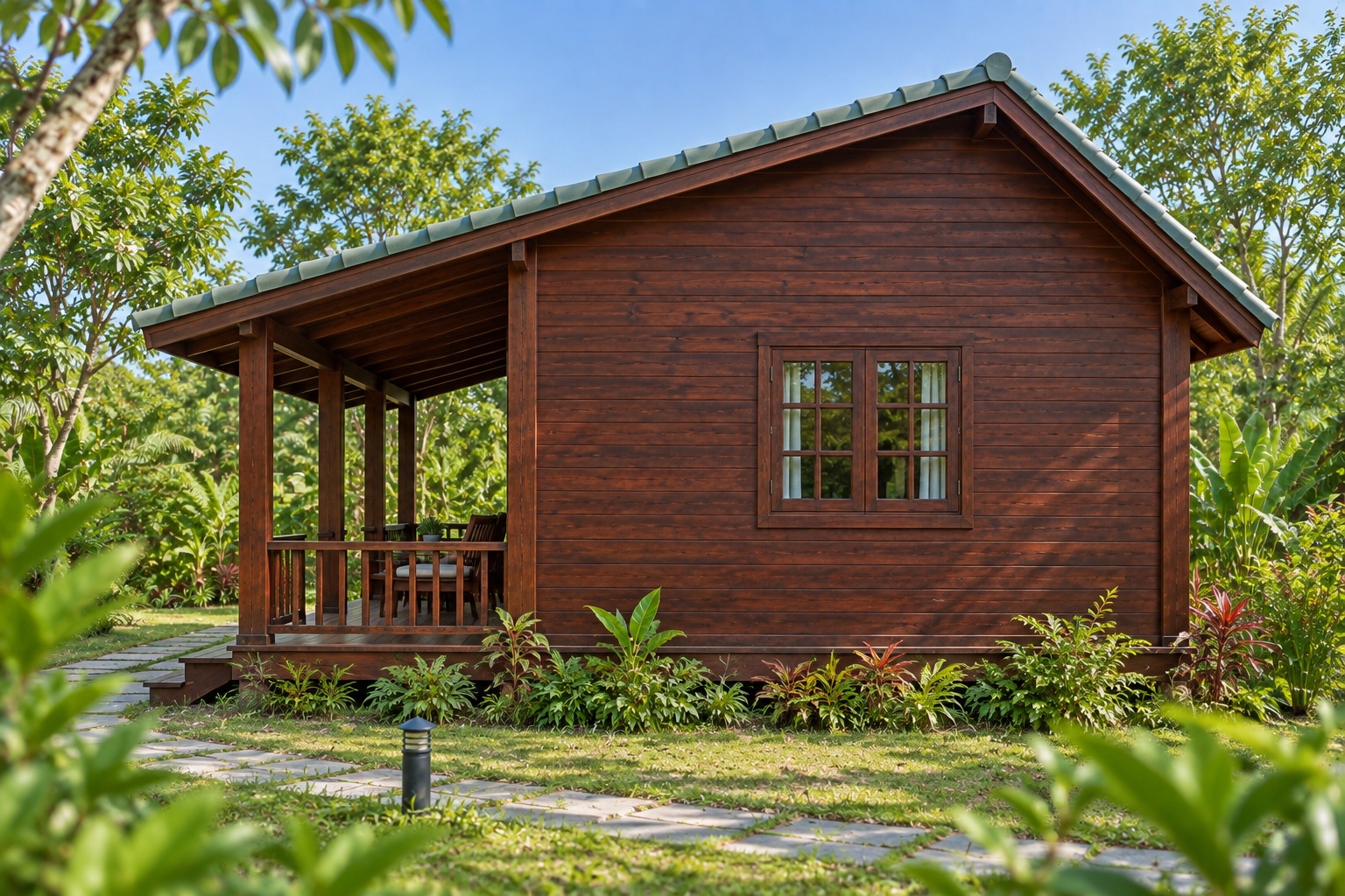 Nhà Gỗ Bungalow B30 - Hiên Trước Chạy Suốt Mặt Tiền Mái Liền, Gỗ Thông Màu Nâu Cánh Gián Nhà Gỗ Bungalow B30 - Hiên Trước Chạy Suốt Mặt Tiền Mái Liền, Gỗ Thông Màu Nâu Cánh Gián