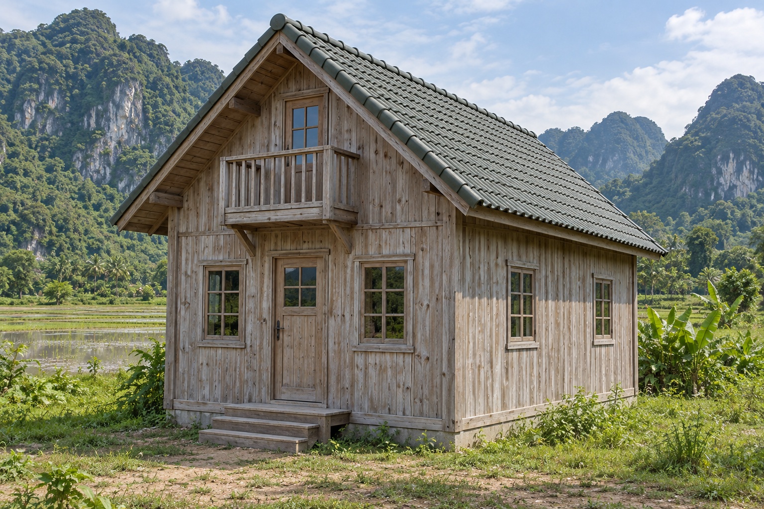 Nhà Gỗ Bungalow B31 - Đầu Hồi Quay Ra Trước Gác Ban Công Nhỏ, Gỗ Thông Màu Vintage Nhà Gỗ Bungalow B31 - Đầu Hồi Quay Ra Trước Gác Ban Công Nhỏ, Gỗ Thông Màu Vintage